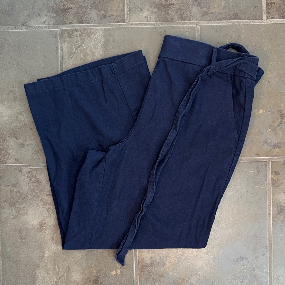 J. Crew Women’s Wide Leg Linen Cotton Navy Pants Cropped Waist Belt Size 12